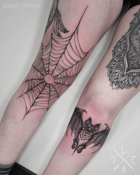 Lil gothic bat and spider Web knee tattoos @grimoiretattoo_ 🔸️For all bookings and enquiries, please contact me by DM. . Check out my work and portfolios: 🔹️@leigh_tattoos 🔹️@leighs_tinytatts . 🔸️Sponsored by: ▪️@miixa100tequila 🔹️@heliostattoo 🔹️@h2oceanloyalty #Lancaster #lancastertattoo #lancastertattooartist #killerink #kneetattoo #battattoo #spiderwebtattoo #bat #spiderweb Spiderweb Rib Tattoo, Bat Tattoo On Leg, Bat Lower Back Tattoo, Bat Under Knee Tattoo, Bat Shin Tattoo, Bat Tattoo Leg, Bat Leg Tattoo, Gothic Knee Tattoo, Spiderweb Sternum Tattoo