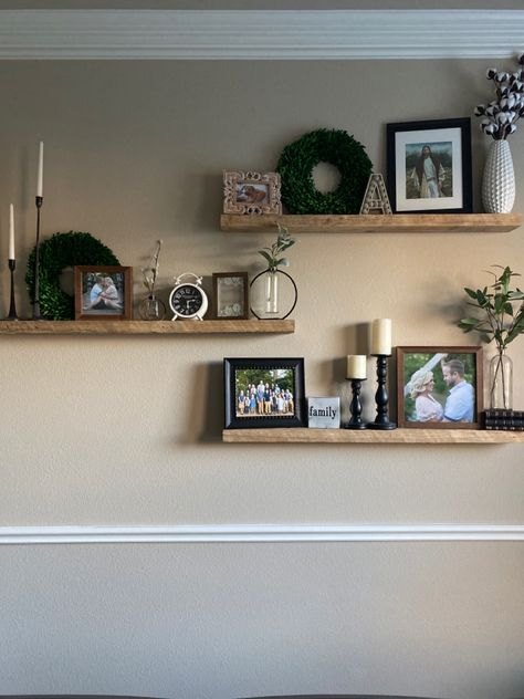 Styling Ledge Shelves, Shelves On Long Wall, Floating Wall Shelf Ideas Living Room, Floating Shelves Arrangement Ideas, Three Shelves On Wall Display, 3 Floating Shelves Living Room, Living Room Wall Shelf Decor Ideas, Floating Shelve Decorating Ideas, Staggered Shelves Living Room