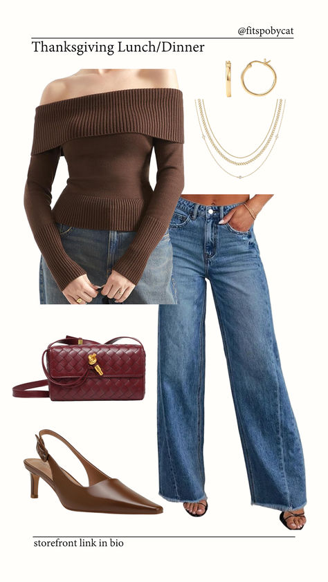 Thanksgiving outfit inspiration for lunch or dinner, featuring Amazon finds: a stylish off-the-shoulder brown sweater paired with high-waisted blue jeans, gold hoop earrings, layered gold necklaces, a burgundy crossbody bag, and brown slingback heels for an elegant holiday look. Thanksgiving Eve Outfit Bar, Amazon Thanksgiving Outfit, What To Wear For Thanksgiving Dinner, Thanksgiving Sweater Outfit, Thanksgiving Dinner Outfit Women, Outfit For Thanksgiving Dinner, Thanksgiving Eve Outfits, Thanksgiving Dinner Outfit Ideas, Dinner Outfits Fall