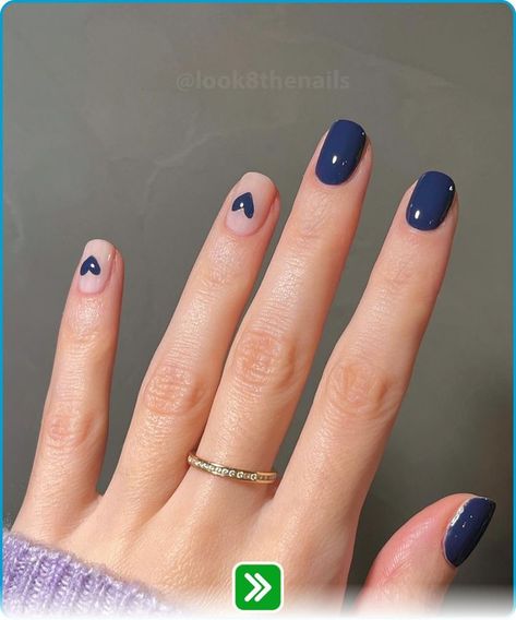 Minimalist navy blue winter nails with a tiny heart accent. The deep blue shade gives a clean, simple look, ideal for the season while still feeling special. Navy Blue Winter Nails, Blue Heart Nails, Blue Winter Nails, Simple Winter Nails, Navy Nails, Basic Nails, Simple Look, Blue Winter, Winter Nail