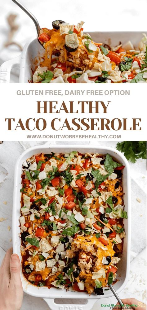 Tex-mex flavor without the tex-mex guilt! This ACTUALLY healthy taco casserole is made with all of your favorite Mexican ingredients in a lightened-up way that will leave you satisfied without weighing you down. #tacocasserole #tacotuesday #healthytacos #texmex #healthymexican #healthycasserole Paleo Taco Casserole, Turkey Taco Casserole Healthy, Easy Gluten Free Mexican Recipes, Healthy Dish To Pass Ideas, Healthy Chicken Taco Casserole, Healthy Mexican Lunch Ideas, Gluten Free Mexican Casserole, Healthy Tex Mex Recipes, Healthy Mexican Casserole Recipes