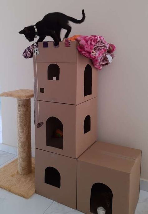 Ideas Para Gatos En Casa, Cat House Diy Cardboard, Diy Cat Tower, Katt Diy, Katt Grejer, Chat Diy, Cardboard Cat House, Cat Castle, Homemade Cat Toys