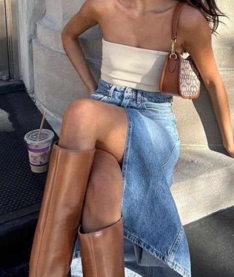 Traje Cowgirl, Midi Jean Skirt, Looks Jeans, Looks Pinterest, High Waisted Denim Skirt, Nashville Outfits, Europe Outfits, Ținută Casual, Mein Style