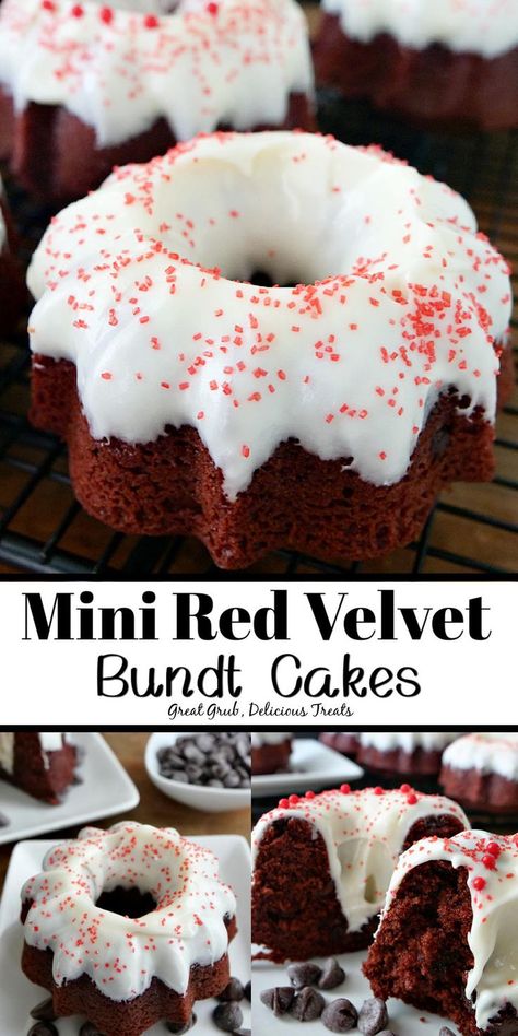 Collage of mini red velvet cakes on rack at top, overhead shot of mini cake at lower left, and closeup shot of mini cake cut in half at bottom right. Mini Bundt Red Velvet Cake, Nothing Bundt Cakes Red Velvet Recipe, Mini Red Velvet Bundt Cakes, Nothing Bundt Cakes Recipe Copycat Red Velvet, Cakelets Recipe Cakes, Red Velvet Nothing Bundt Cake Recipe, Valentines Mini Bundt Cake, Halloween Mini Bundt Cake, Mini Bundt Cakes From Cake Mix Boxes Red Velvet