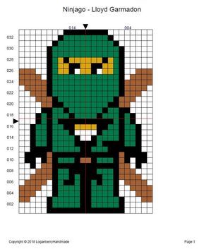 Lego Perler Bead Patterns, Ninjago Perler Beads, Lego Cross Stitch, C2c Chart, Ninja Lego, Pixel Art Ideas, Cross Stitch Pattern Free, Green Ninja, Lloyd Garmadon