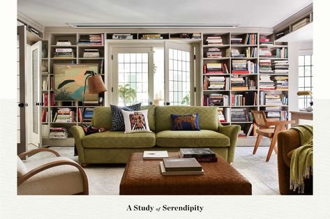 Lit From Within Colorful Bookshelf, Anthropologie Home, Leather Ottoman, Furniture Collection, Home Living Room, Bookshelves, Family Room, Ottoman, Home Furniture