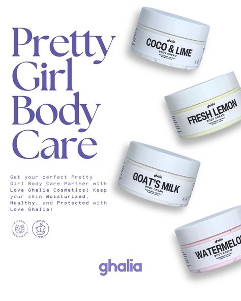 Body Care is a Pretty Girl Must! Get your favorite Body Care Essentials with Love Ghalia! Made with High Quality Shea Butter, Essential Oils, and Actives, that will surely make your skin Pretty and Healthy! Now available on Love Ghalia’s Online Stores! Link in Bio You are Pretty! #loveghalia #loveghaliacosmetics #loveghaliaperfume #bodycare #skincare #cosmetics #lotion #bodycream Body Care Branding, Body Care Essentials, Skincare Ads, Cosmetic Creative, Skincare Branding, Ads Creative Advertising Ideas, Products Photography, Skincare Cosmetics, Cosmetics Photography