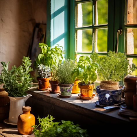 Embrace the warmth and tranquility of nature with our 'Herbs in the Window' art print. This digital artwork beautifully captures the essence of a cozy kitchen, adorned with pots of lush, green herbs basking in the gentle sunlight. Perfect for bringing a touch of nature's calm to your home, this piece evokes the simple joys of cooking and gardening. Our high-resolution digital download ensures stunning clarity and detail, making it an ideal addition to your kitchen, dining area, or any space that Window Herbs, Herbs In Kitchen Window, Kitchen Window Herbs, Herbs In Kitchen, Kitchen Herbs Windowsill, Kitchen Herb Garden, Herb Garden Windowsill, Herbs Kitchen Window, Herbs For Kitchen Window Sill