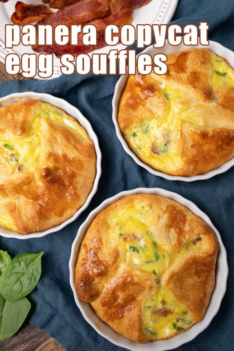 Pillsbury butter flake crescent rolls are the base to this cheesy spinach and cheese egg souffle. Add in some eggs, fresh spinach, bacon and 4 cheeses for a savory breakfast your family will love! Panera Breakfast Souffle Recipe, Panera Breakfast, Souffle Recipes Easy, Breakfast Souffle, Ramekin Recipes, Egg Souffle, Panera Recipes, Souffle Recipe, Cheese Souffle