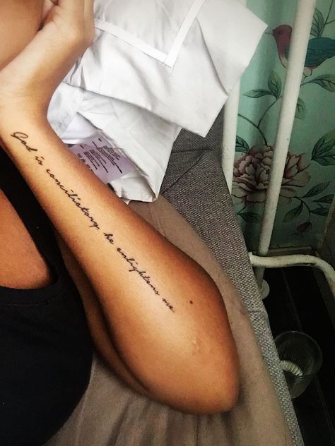 Words Down Arm Tattoo, Written Forearm Tattoo, Tattoos Writing Ideas, Writing Forarm Tattoos, Tattoo Down Arm Quotes, Tattoo Quotes For Women Arm, Tattoo Words On Forearm, Quotes For Arm Tattoos, Arm Tattoos For Women Sayings