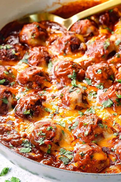 Cheesy Enchilada Meatball Casserole, Baked Enchilada Meatballs, Mexican Turkey Meatballs, Mexican Meatball Casserole, Mary Berg Taco Meatball Skillet, Taco Meatballs Ground Beef, Enchilada Meatballs Crockpot, Mexican Meatballs Recipes, Summer Meatballs