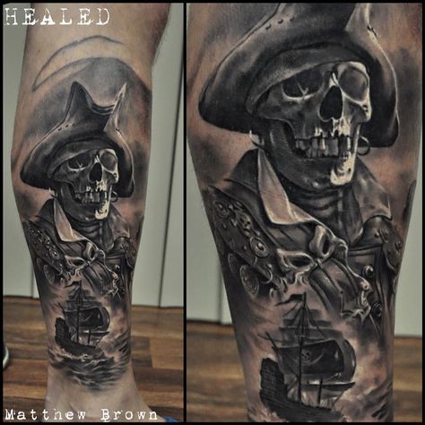 Skeleton pirate by Venom Ink Tattoo. Pirate Map Tattoo, Pirate Tattoo Sleeve, Pirate Skull Tattoos, Pirate Ship Tattoos, Skeleton Pirate, Pirate Skeleton, Pirate Tattoo, Map Tattoos, Fu Dog