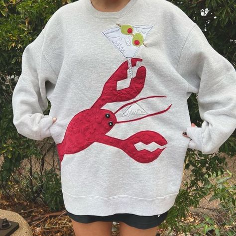 coastal granddaughter | cape cod | lobster sweater | martini | summer outfits Sweatshirt Thrift Flip, Lobster Sweater, Clothing Projects, Patchwork Hoodie, Patchwork Clothes, Coastal Granddaughter, Mode Inspo, Dream Clothes, Upcycle Clothes