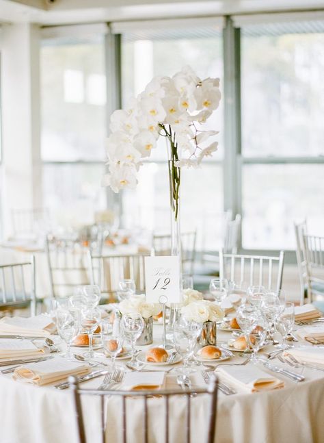 White Orchid Centerpiece, Orchid Centerpieces Wedding, Orchid Centerpiece, Southern Vintage, Orchid Centerpieces, China Collection, Gold China, Orchid Bouquet, Gold Flatware