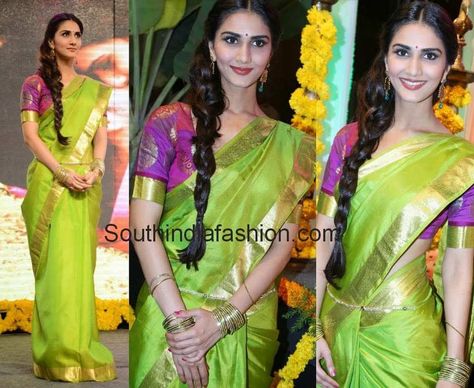 Parrot Green Silk Saree, Vani Kapoor, Green Silk Saree, Vaani Kapoor, Parrot Green, Traditional Silk Saree, Movie Actress, Green Saree, Gold Border