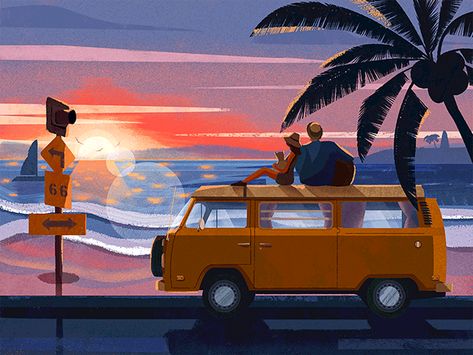 Road Trip Illustration, Seaside Illustration, Trip Illustration, Lobby Design, Photoshop Tools, Travel Illustration, Illustration Painting, Painting Digital, Bowling