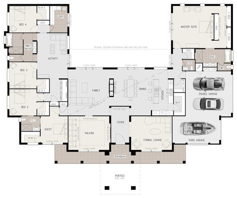 U-shaped 5 bedroom family home                                                                                                                                                     More Lakefront House Plans, Pelan Lantai Rumah, U Shaped House Plans, U Shaped Houses, Pelan Rumah, Unique Floor Plans, Courtyard House Plans, التصميم الخارجي للمنزل, Lakefront Homes