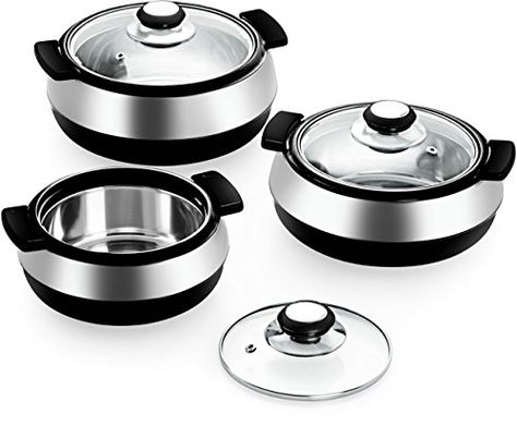 Cello Oscar 750/1100/1700ml Glass Lid 3 Piece Hot-Pot Insulated Casserole Gift Set, Black Tiffin Lunch Box, Casserole Set, Box Kitchen, Kitchen Interior Design Decor, Indian Kitchen, Venetian Mirrors, Hot Pot, Serving Set, Household Essentials