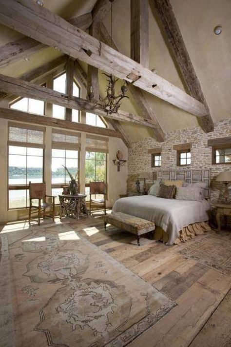 BarndominiumFloorPlans.com | Barndominium Bedroom Option | Barndominium Floor Plans | Pole Barn House Plans | Metal Building Homes | Metal Barn Homes Stone Walls, Exposed Beams, Wooden Beams, Style At Home, Barn Style, Cabin Homes, Beautiful Bedrooms, Dream Bedroom, Barn House