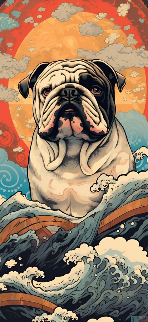 An English Bulldog in the crashing waves under a shining sun, depicted in Ukiyo-E style for an aesthetic phone wallpaper. Traditional Viking Tattoos, English Bulldog Art, Bulldog Wallpaper, Aesthetic Wallpaper Iphone, Bulldog Art, Wallpaper Android, Crashing Waves, Ukiyo E, Japanese Woodblock Printing