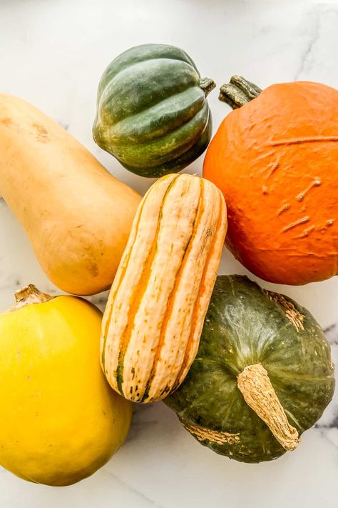 Here are the types of winter squash commonly available in the fall and winter. Plus how to use them, cut them, cook with them, and recipes to try! Types Of Squash, Winter Squash Varieties, Winter Squash Recipes, Squash Varieties, Squash Casserole, Recipes To Try, Winter Squash, Almond Cakes, Squash Recipes