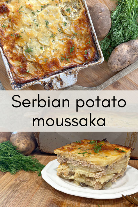 Serbian potato moussaka has layers of thinly sliced potatoes, meat, onion with mushrooms, and a creamy cheese sauce which is then baked until golden brown! Serbian Moussaka, Potato Moussaka, Creamy Cheese Sauce, Moussaka Recipe, Creamy Cheese, Sliced Potatoes, Cheese Sauce, Potato Recipes, Community Board