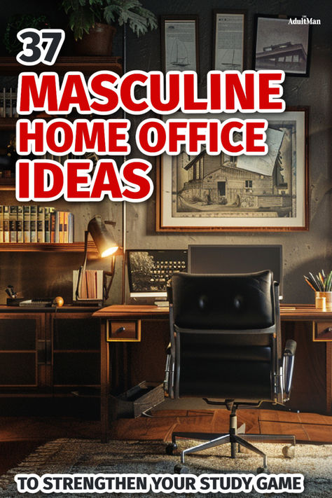 37 Home Office Ideas to Elevate Your Study Space Guys Home Office Ideas, Mens Study Room Decor, Cabin Office Decor, Office Shelf Styling Masculine, Small Office Ideas For Men Modern, Man Office Decor Home, Workstation Setup Home, Masculine Den Study, Men's Home Office Design