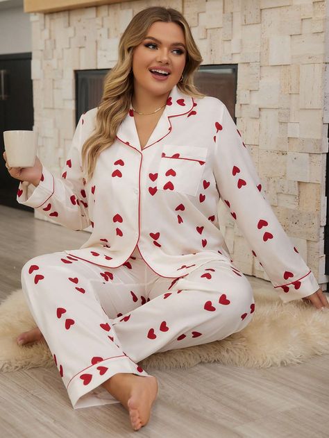 Apricot Casual-Woman Collar   Heart,All Over Print Pant Sets Embellished Slight Stretch Fall/Winter Women Plus Sleep & Lounge Cute Pajama Sets Plus Size, Plus Size Pjs Pajamas For Women, Girly Pajamas, Adorable Pajamas, Night Wear Dress, Print Pant, Pajama Fashion, Loungewear Outfits, Cute Pajama Sets