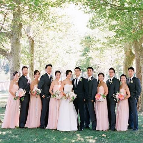 Blush pink bridesmaid dresses, black suit for groom, charcoal for groomsmen Pale Pink Bridesmaids, Pale Pink Bridesmaid Dresses, Wedding Party Attire, Blush Pink Bridesmaids, Blush Pink Bridesmaid Dresses, Popular Wedding Dresses, Black Bridesmaid, Blush Bridesmaids, Pink Bridesmaid Dress