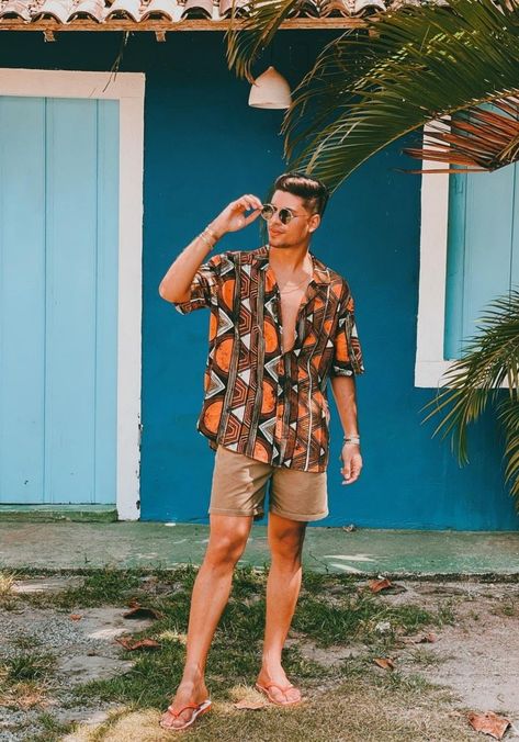 Hawaiian Men Outfit, Mens Island Vacation Outfits, Mens Tropical Vacation Outfits, Beachy Outfits Men, Guys Beach Outfit, Thailand Outfit Ideas Men, Tropical Outfit Men, Male Beach Outfit, Beach Outfit Men Beachwear