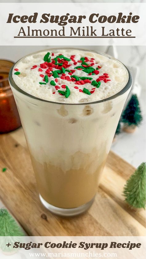 This delightful iced sugar cookie almond milk latte recipe is a breeze to whip up at home! It's always fun when the holiday menu comes out at coffee shops, but making festive coffee at home saves money and tastes better (in my opinion). Sugar Cookie Latte Recipe, Almond Milk Latte Recipe, Sugar Cookie Almond Milk Latte, Iced Sugar Cookie Latte, Sugar Cookie Latte, Diy Coffee Drinks, Cold Oats, Homemade Coffee Drinks, Creamsicle Smoothie