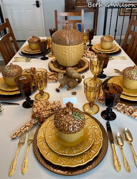 An Acorn Tablescape, table setting for Fall, Autumn or Thanksgiving, more information about everything on this table in my blog post about it: https://www.whispersoftheheart.com/blog/2020/11/8/an-acorn-tablescape Thanksgiving Dinnerware Sets, Acorn Decor, Acorn Decorations, Thanksgiving Plates, Dishware Sets, Autumn Dining, Fall Table Settings, Fall Dishes, Funny Christmas Gifts