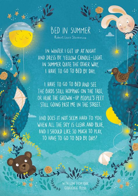 Robert Louis Stevenson Poems, Irish Illustration, Illustrated Poem, Illustrated Poems, Poem Illustration, Illustrated Poetry, Poem For Kids, Summer Poems, Nursery Rhymes Poems