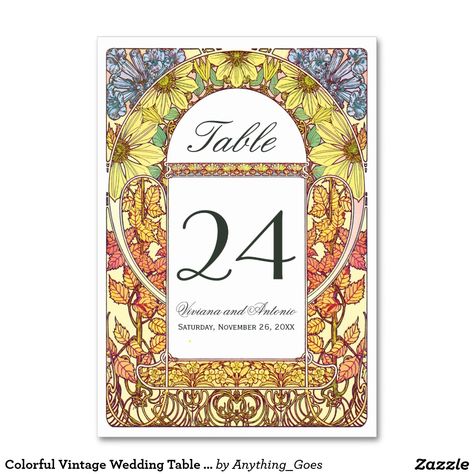 Colorful Vintage Wedding Table Numbers Card Colorful vintage floral wedding table numbers in an Art Nouveau style. Intricate, elegant and decorative. Reminiscent of 1920s chic. Great for fall weddings or any season. Each table number card must be customized and individually added to the shopping cart. These wedding table card numbers are part of a wedding set (including rsvp, table cards and other accessories using this design). Easily add your own information in the text boxes. If you wish to c Colorful Vintage Wedding, Vintage Floral Wedding, Floral Wedding Table, Vintage Wedding Table, Art Nouveau Weddings, Table Number Card, Vintage Style Wedding Dresses, Fancy Flowers, Wedding Table Number Cards