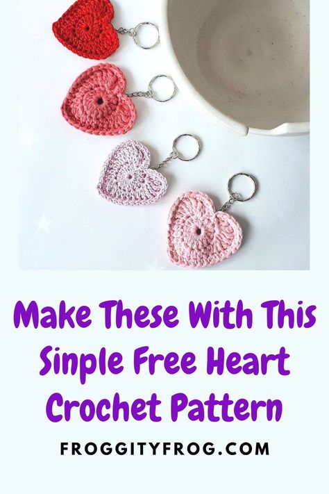 These cute easy crochet hearts are quick to make, but what can you make with crochet hearts? These cute heart keyrings make brilliant gifts and wedding favours. You can also make bookmarks and earrings. Click the link for the free pattern and to see how you can attach keyrings and more to them. Crochet Heart Keyring Free Pattern, Crochet Key Rings Free Pattern, Crochet Heart Keychain Pattern Free, Crocheted Keyrings, Easy Crochet Heart, Crochet Heart Keychain, Crochet Keyring Free Pattern, Crochet Keyrings, Wedding Crochet Patterns