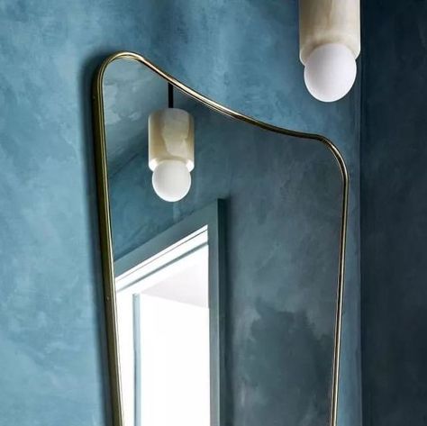 An Interior Life on Instagram: "Lime-washed walls in sea-worthy hues 🌊 🔨 Design from @zoefeldmandesign 🚰 Brass fixtures by @wtrwrks  📸 @stacyzaringoldberg X M 👒 #ocean #blue #limewash #walls #paint #marble #brass #taps #mirror #powderroom #aninteriorlife" Blue Limewash Walls, Blue Limewash, Limewashed Walls, Green Powder Room, Limewash Walls, Brass Taps, Small Powder Room, Glamorous Bathroom, Dark Tile