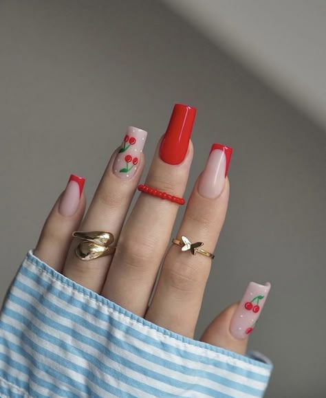 Nail Inspo Galentines, Heart Shaped Cherry Nails, One Colour Gel Nails, Pink And Red Cherry Nails, Red Cherry Nail Designs, Red Nails Bright, Feminine Nails Classy Chic, Cherries Nail Art, Summer Vacation Nails Acrylic