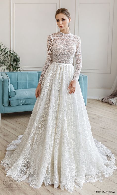 Jewel Neckline Wedding Dress, Oleg Baburow, Wedding Dress Wrap, A Line Ball Gown, Muslimah Wedding Dress, Long Sleeve Wedding Gowns, Wedding Inspirasi, Bride Fashion, Dream Wedding Ideas Dresses