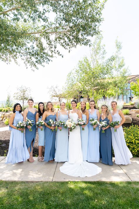 Blue Bridesmaids Dress Inspiration - Light Blue & Dark Blue - Gorgeous Tented Summer Wedding in Park City, Utah Multi Colored Bridesmaid Dresses Blue, Mix Match Blue Bridesmaid Dresses With Groomsmen, Blue Gradient Bridesmaid Dresses, Multiple Blue Bridesmaid Dresses, Shades Of Light Blue Bridesmaid Dresses, Summer Bridesmaid Colors, Bridesmaids Shades Of Blue, Bridesmaid Different Color Dresses, Different Color Bridesmaid Dresses Summer