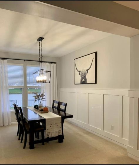 Light Grey Board And Batten Wall, Paneling Dining Room Wall, Farmhouse Dining Room Wainscoting, Dining Room Wall Board And Batten, Wanes Coating Dinning Room, Waynes Coating Dining Room, Wall Paneling Dining Room, Dining Room Board And Batten, Board And Batten Dining Room