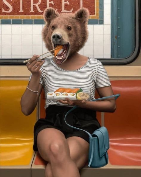 Artist Paints Surrealistic Half-Human, Half-Animal Hybrids Dog Portraits Art, Surreal Portrait, Nyc Subway, Surrealism Painting, Nova York, Portraits From Photos, Animal Heads, Artist Paint, Weird Animals