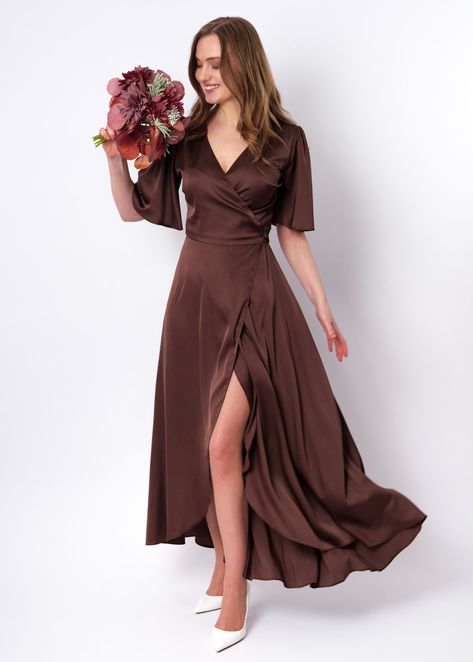 Brown Evening Dress Long, Brown Bridesmaid Dresses Long Sleeve, Brown Satin Dresses, Brown Satin Bridesmaid Dress, Brown Bridesmaid Dresses Chocolate, Brown Dress Outfit Formal, Brown Dress Wedding Guest, Fall Dresses Wedding, Brown Elegant Dress