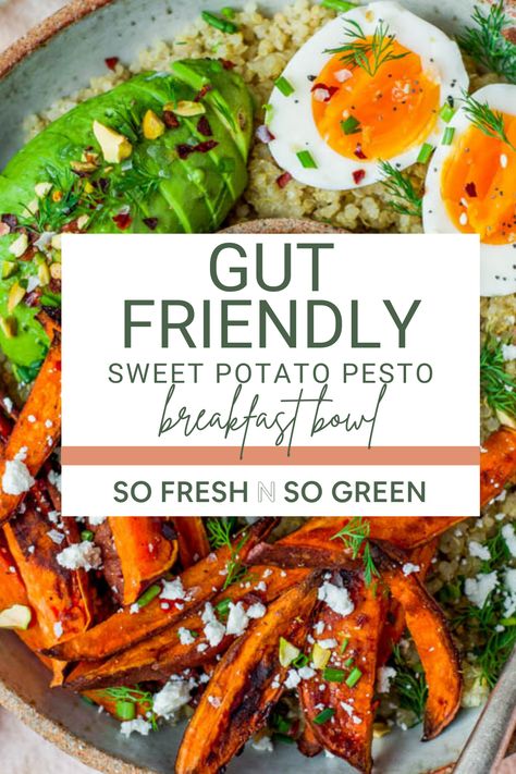 Sweet Potato Pesto Bowl, Loaded Sweet Potato Breakfast, Pesto Quinoa Bowl, Sweet Potato Pesto, Sweet Potato Breakfast Bowl, Pesto Quinoa, Endo Diet, Sweet Potato Bowls, Quinoa Breakfast Bowl