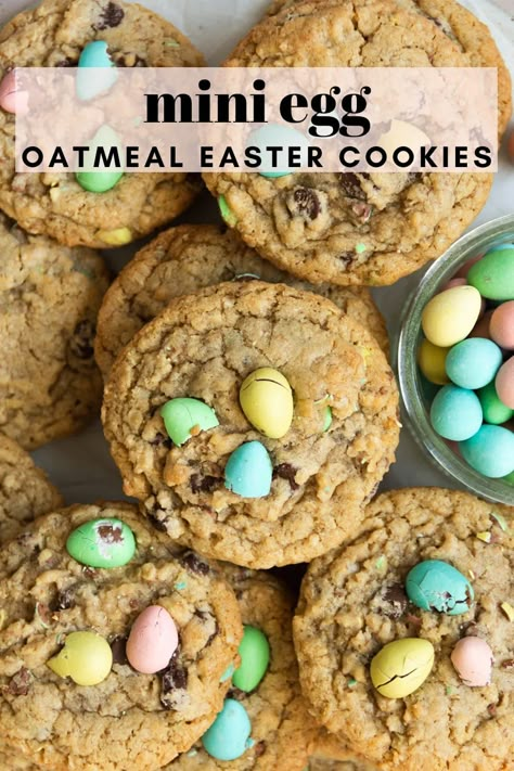 Mini Egg Monster Cookies, Easter Oatmeal Cookies, Mini Egg Oatmeal Cookies, Eggies Cookies Easter Eggs, Easter Mini Egg Cookies, Cadberry Egg Cookies, Mini Egg Cookies Recipe, Egg Oatmeal, Easy Easter Cookies