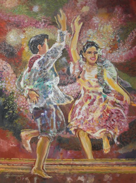 Tinikling (Philippine Cultural Dance) - oil on canvas 24" x 32" by JBulaong 2016 #Tinikling #PhilippineCulturalDance #PhilippineTraditionalDance #PhilippineFolkDance #dance #oiloncanvas #painting #JBulaong Tinikling Dance Philippines, Filipino Values Drawing, Philippine Folk Dance Art, Tinikling Dance Drawing, Cariñosa Dance, Tinikling Dance, Philippine Folk Dance, Filipino Dance, Philippine Traditions