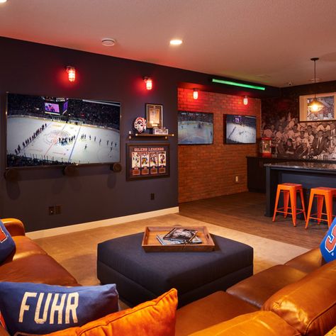 Home Theatre Project - Traditional - Home Theater - Phoenix - by Phoenix Fine Painting LLC | Houzz Man Cave Designs, Coventry Homes, Sports Man Cave, Man Cave Design, Hangout Room, Ultimate Man Cave, Man Cave Room, Home Bar Design, Man Cave Basement