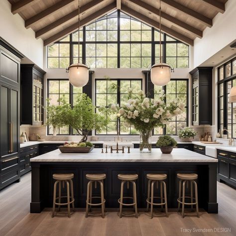 Kitchen High Window, Kitchens With Floor To Ceiling Windows, Studio Mcgee Hilltop Estate Kitchen, Black Windows In Kitchen, Oven In Island Kitchen, Kitchen Design Large Island, Ranch Style Kitchen Ideas, Alison Victoria Kitchen, Kitchen Black Windows