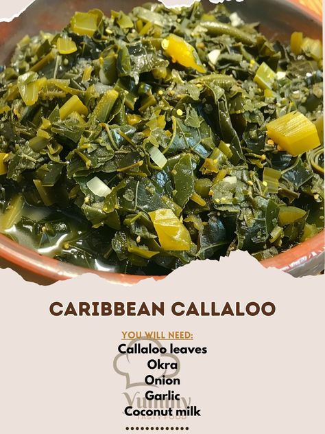 🌟 Relish the flavors of Caribbean Callaloo! 🌿🍲 #CaribbeanCuisine #Callaloo Caribbean Callaloo Ingredients: Callaloo leaves (1 bunch, chopped) Okra (1 cup, sliced) Onion (1, chopped) Garlic (2 cloves, minced) Coconut milk (1 cup) Thyme (1 tsp) Salt (to taste) Olive oil (2 tbsp) Instructions: Sauté onions and garlic in olive oil until soft. Add callaloo leaves, okra, thyme, and coconut milk. Simmer for 20 minutes until vegetables are tender. Season with salt and serve hot. 🌟 A nutritious an... Callaloo Recipe, Sauté Onions, Garlic In Olive Oil, Caribbean Dishes, Sliced Onion, Jamaican Dishes, Caribbean Cuisine, Saute Onions, Chopped Garlic