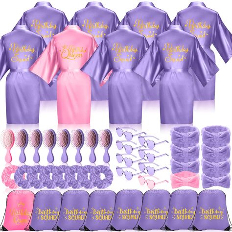 PRICES MAY VARY. Exquisite Birthday Theme Party Set: thrive in your grand birthday celebration with these adorable birthday robes set which includes 8 birthday party robes, 8 satin hair scrunchies, 8 portable hair combs, 8 plush hair bands, 8 pairs of heart shaped sunglasses, and 8 drawstring gift bags; The robes with prints [Birthday Squad] and [Birthday Queen] lettering is the nice birthday robe for women aiming to make a statement Reliable Material: our silky, luxurious robes for women are ma Sweet 16 Pink And Purple Theme, Purple 16th Birthday Party, Party Packs Ideas, Sweet 16 Birthday Pajamas, Birthday Sleepover Matching Pajamas, Birthday Robe, Queen Lettering, Pink Tents For Party Sleepover, Bride And Bridesmaid Robes Purple