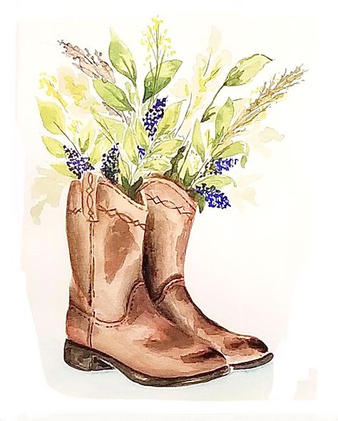 Cowboy Boot Painting, Cowboy Boot Painting On Canvas, Watercolor Cowboy Boots, Cowboy Boots With Flowers, Cowboy Boot Watercolor, Cowboy Boots Watercolor, Cowboy Boot With Flowers Drawing, Flowers In Boots Painting, Watercolor Cowgirl Boots